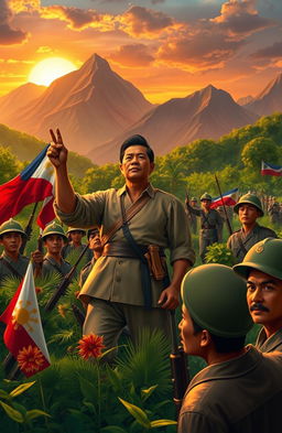A historical scene depicting the significant events of the Philippine Revolution, showcasing Emilio Aguinaldo in traditional Filipino attire, rallying soldiers in a lush, green landscape filled with revolutionary symbols like the Philippine flag