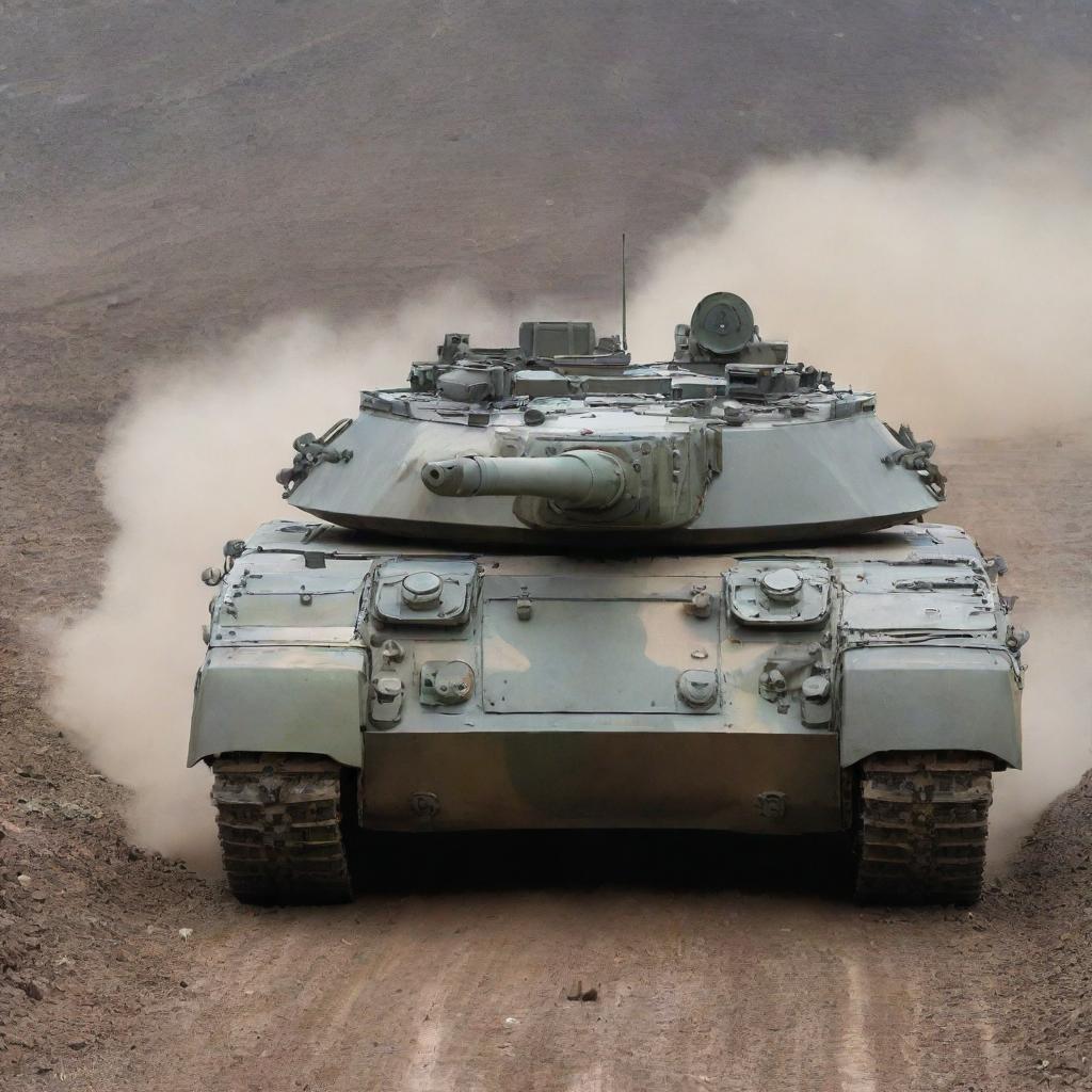 A detailed view of a T-90 tank, a dominant force on the battlefield, painted in a camouflage pattern and situated in a rugged terrain