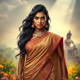 An Indian heroine standing strong and powerful, wearing a traditional yet elegant saree with intricate embroidery, her expression proud and fierce