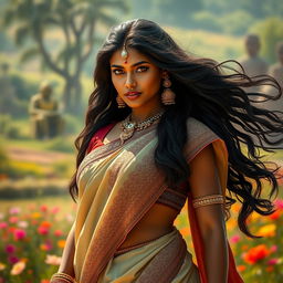 An Indian heroine standing strong and powerful, wearing a traditional yet elegant saree with intricate embroidery, her expression proud and fierce