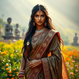 An Indian heroine standing strong and powerful, wearing a traditional yet elegant saree with intricate embroidery, her expression proud and fierce