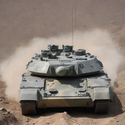 A detailed view of a T-90 tank, a dominant force on the battlefield, painted in a camouflage pattern and situated in a rugged terrain