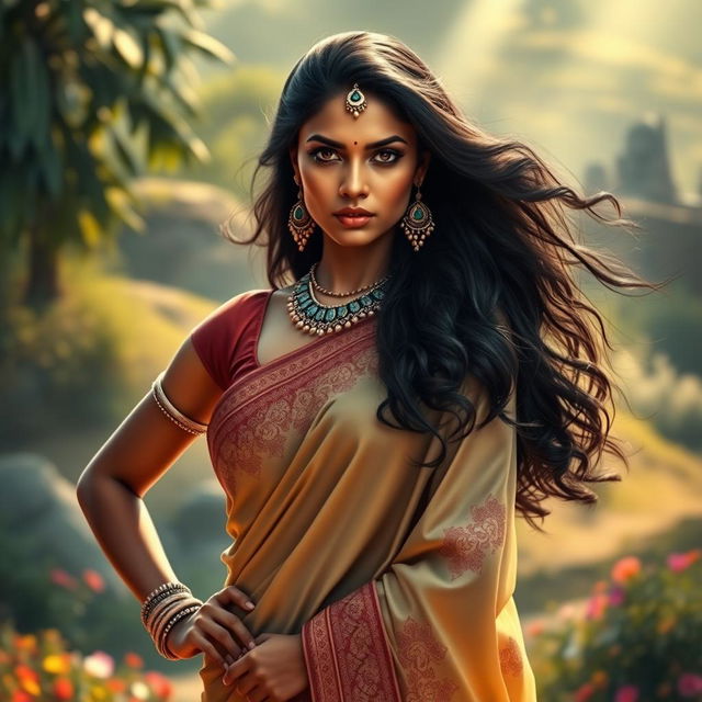 An Indian heroine standing strong and powerful, wearing a traditional yet elegant saree with intricate embroidery, her expression proud and fierce