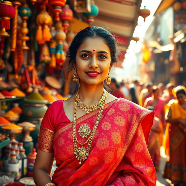 A vibrant and colorful depiction of Indian culture featuring a traditional Indian woman dressed in a richly embroidered saree, adorned with intricate gold jewelry and a beautiful bindi on her forehead