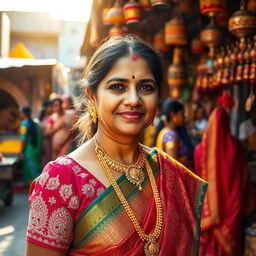 A vibrant and colorful depiction of Indian culture featuring a traditional Indian woman dressed in a richly embroidered saree, adorned with intricate gold jewelry and a beautiful bindi on her forehead