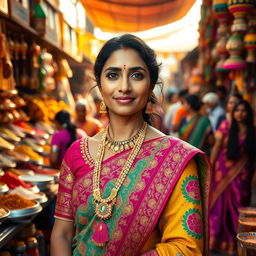 A vibrant and colorful depiction of Indian culture featuring a traditional Indian woman dressed in a richly embroidered saree, adorned with intricate gold jewelry and a beautiful bindi on her forehead