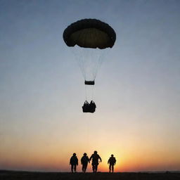 Paratroopers, wearing full gear, in the middle of an air drop operation, parachutes opening against the backdrop of a dawn sky