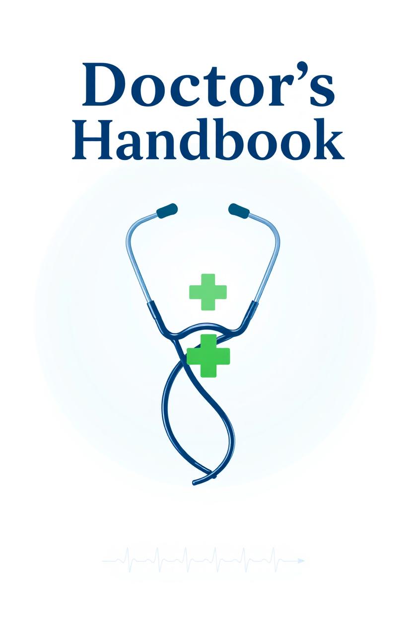 A vibrant and professional cover page for a doctor's booklet, featuring an elegant stethoscope intertwined with a green medical cross symbol in the center