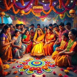 A rich, vibrant scene depicting a traditional Indian festival celebration with colorful decorations, people dressed in festive attire, and joyful expressions