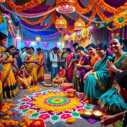 A rich, vibrant scene depicting a traditional Indian festival celebration with colorful decorations, people dressed in festive attire, and joyful expressions