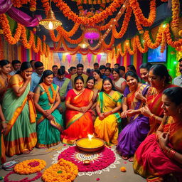 A rich, vibrant scene depicting a traditional Indian festival celebration with colorful decorations, people dressed in festive attire, and joyful expressions