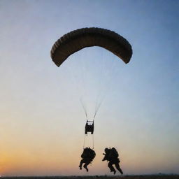 Paratroopers, wearing full gear, in the middle of an air drop operation, parachutes opening against the backdrop of a dawn sky