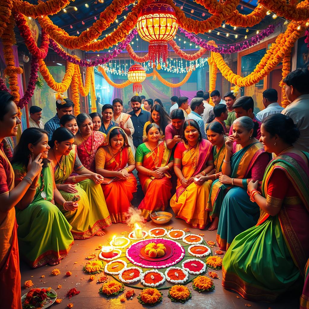 A rich, vibrant scene depicting a traditional Indian festival celebration with colorful decorations, people dressed in festive attire, and joyful expressions