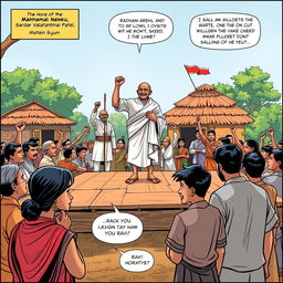 A vibrant comic strip scene depicting a wooden platform in a village setting with Mahatma Gandhi in the center, passionately addressing a crowd of villagers