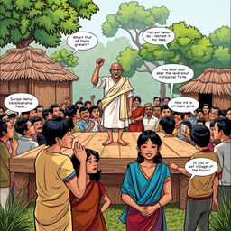 A vibrant comic strip scene depicting a wooden platform in a village setting with Mahatma Gandhi in the center, passionately addressing a crowd of villagers