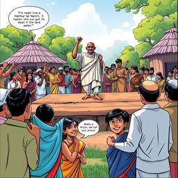 A vibrant comic strip scene depicting a wooden platform in a village setting with Mahatma Gandhi in the center, passionately addressing a crowd of villagers