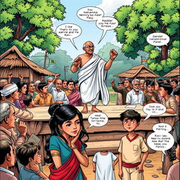 A vibrant comic strip scene depicting a wooden platform in a village setting with Mahatma Gandhi in the center, passionately addressing a crowd of villagers