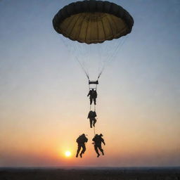 Paratroopers, wearing full gear, in the middle of an air drop operation, parachutes opening against the backdrop of a dawn sky