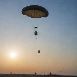 Paratroopers, wearing full gear, in the middle of an air drop operation, parachutes opening against the backdrop of a dawn sky