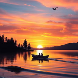 A picturesque sunset over a serene lake, the sky painted in vibrant hues of orange, pink, and purple