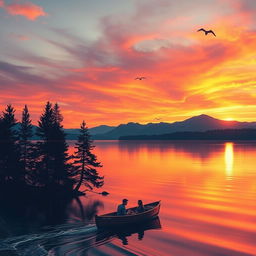 A picturesque sunset over a serene lake, the sky painted in vibrant hues of orange, pink, and purple