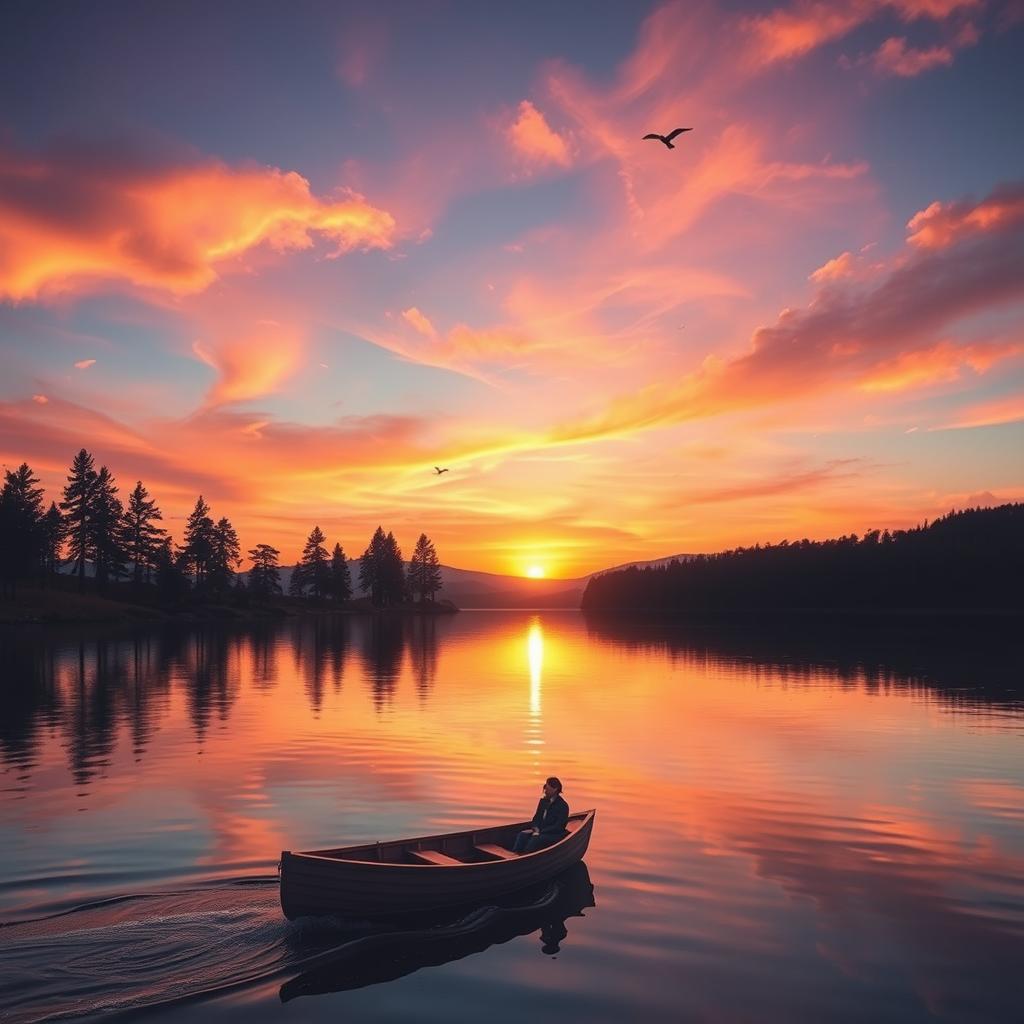 A picturesque sunset over a serene lake, the sky painted in vibrant hues of orange, pink, and purple