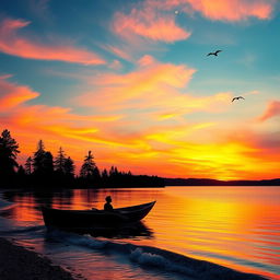 A picturesque sunset over a serene lake, the sky painted in vibrant hues of orange, pink, and purple