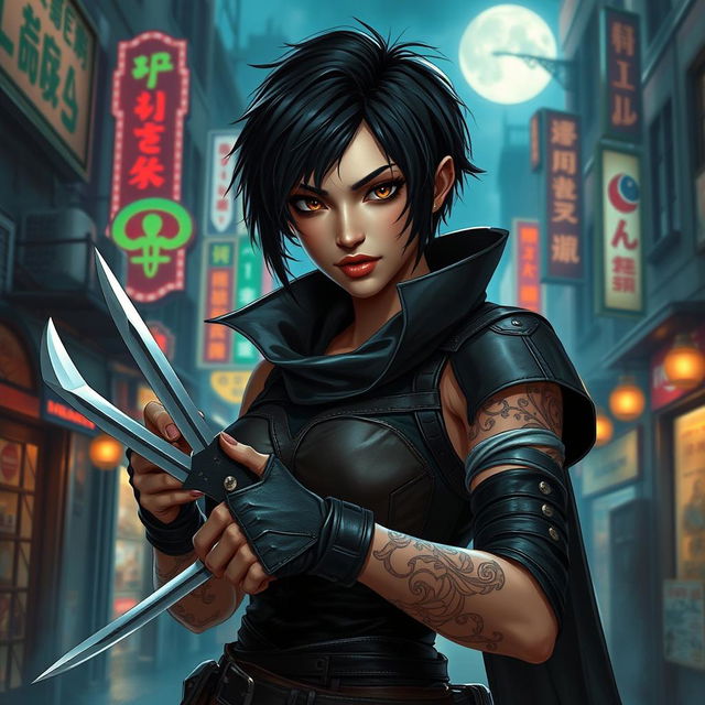 A human shou rogue, depicted in a vibrant, urban fantasy setting