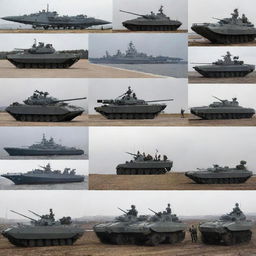 Russian Armed Forces: a broad panorama featuring various elements such as soldiers in uniform, military vehicles, aircraft, and naval vessels