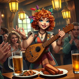 A female halfling bard, joyfully performing in a lively tavern setting