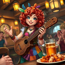 A female halfling bard, joyfully performing in a lively tavern setting