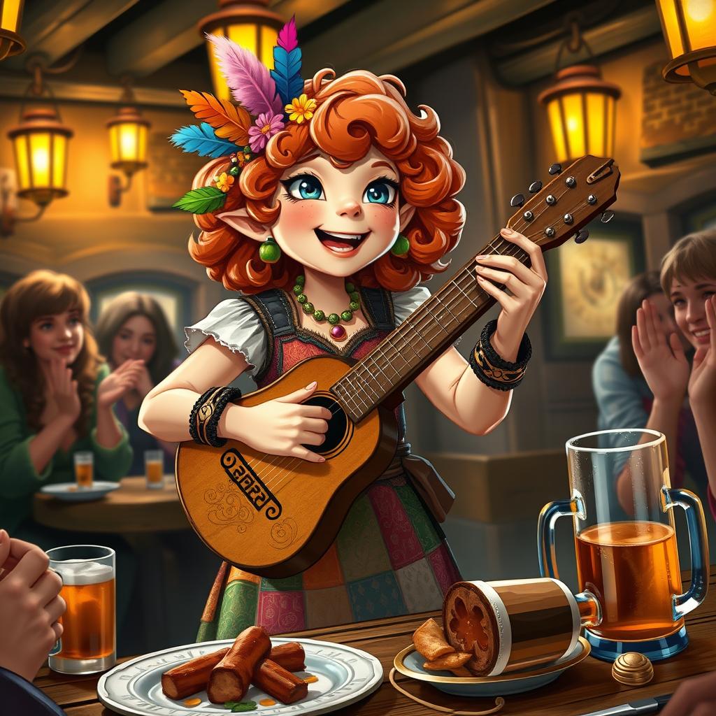 A female halfling bard, joyfully performing in a lively tavern setting