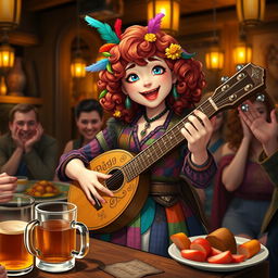 A female halfling bard, joyfully performing in a lively tavern setting