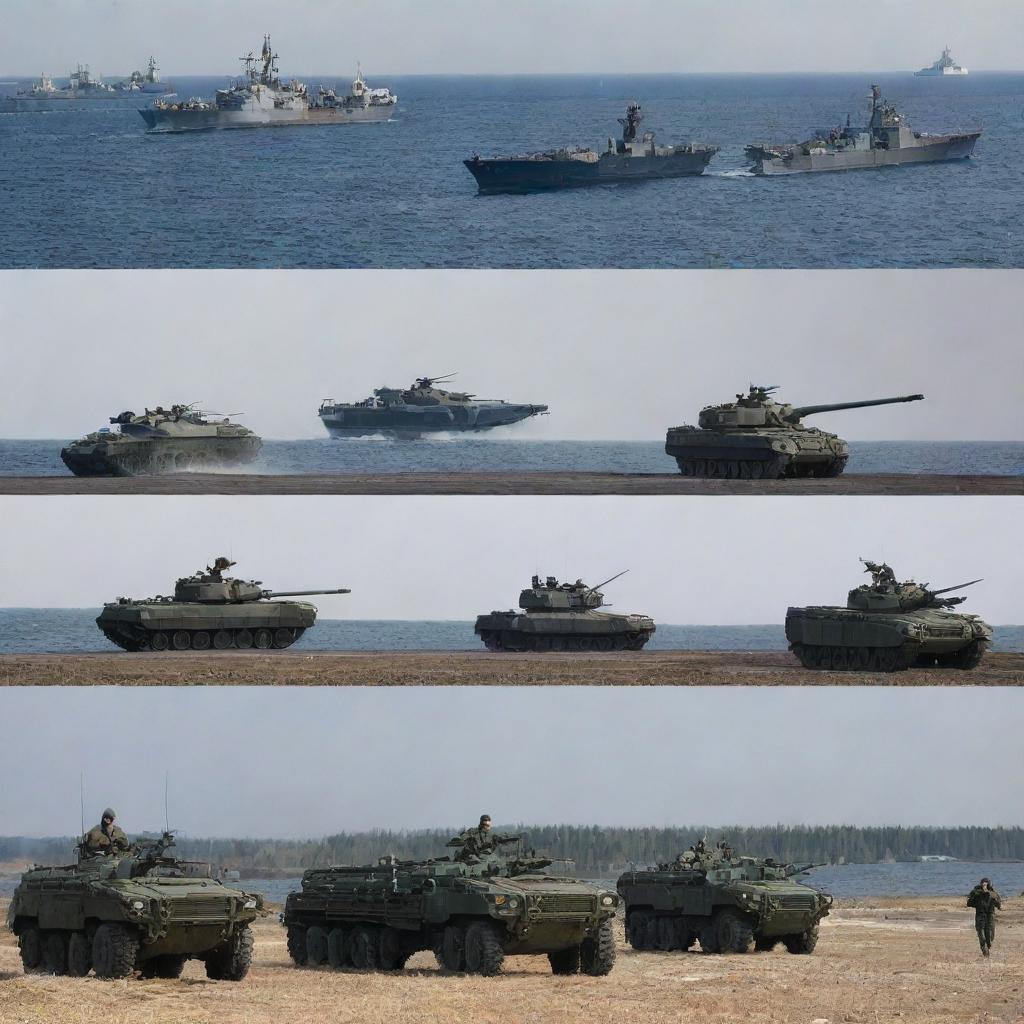 Russian Armed Forces: a broad panorama featuring various elements such as soldiers in uniform, military vehicles, aircraft, and naval vessels