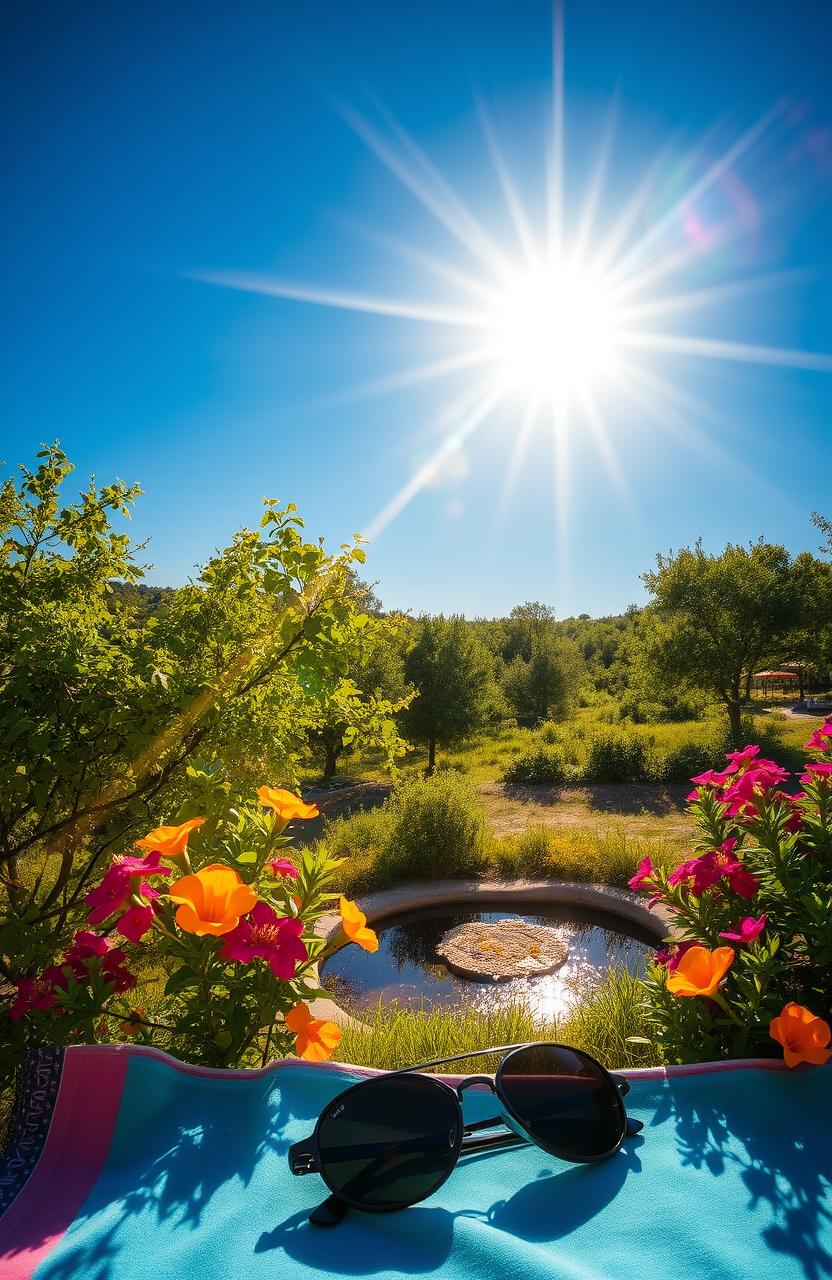 A vibrant summer scene depicting a hot sun blazing in a clear blue sky, casting intense light and distinct shadows on the ground below