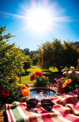 A vibrant summer scene depicting a hot sun blazing in a clear blue sky, casting intense light and distinct shadows on the ground below