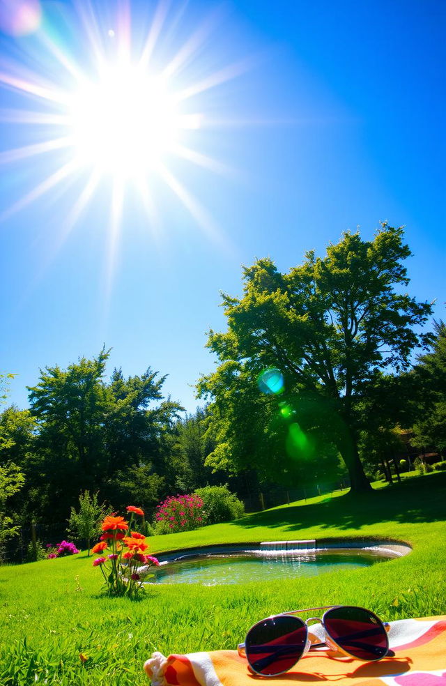 A vibrant summer scene depicting a hot sun blazing in a clear blue sky, casting intense light and distinct shadows on the ground below