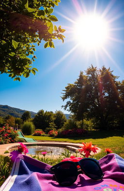 A vibrant summer scene depicting a hot sun blazing in a clear blue sky, casting intense light and distinct shadows on the ground below