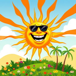 An artistic depiction of a hot sun with exaggerated features, radiating intense orange and yellow rays that stretch across a stylized sky