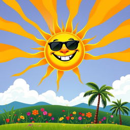 An artistic depiction of a hot sun with exaggerated features, radiating intense orange and yellow rays that stretch across a stylized sky