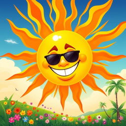 An artistic depiction of a hot sun with exaggerated features, radiating intense orange and yellow rays that stretch across a stylized sky