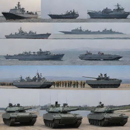 Russian Armed Forces: a broad panorama featuring various elements such as soldiers in uniform, military vehicles, aircraft, and naval vessels