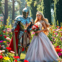A knight in shining armor standing proudly beside a beautiful princess in an elegant gown