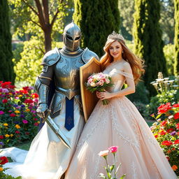 A knight in shining armor standing proudly beside a beautiful princess in an elegant gown