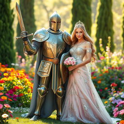 A knight in shining armor standing proudly beside a beautiful princess in an elegant gown