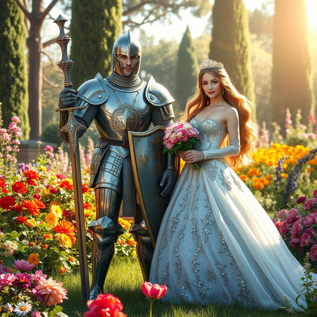 A knight in shining armor standing proudly beside a beautiful princess in an elegant gown