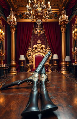 A royal looking setting featuring an opulent throne room adorned with luxurious golden accents and rich red velvet drapes