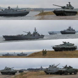 Russian Armed Forces: a broad panorama featuring various elements such as soldiers in uniform, military vehicles, aircraft, and naval vessels