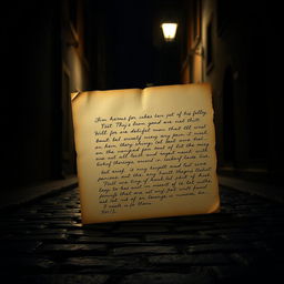 A dark street background with a vintage, nameless letter resting in the center