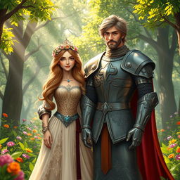 A noble knight and a princess standing together in a lush, enchanted forest